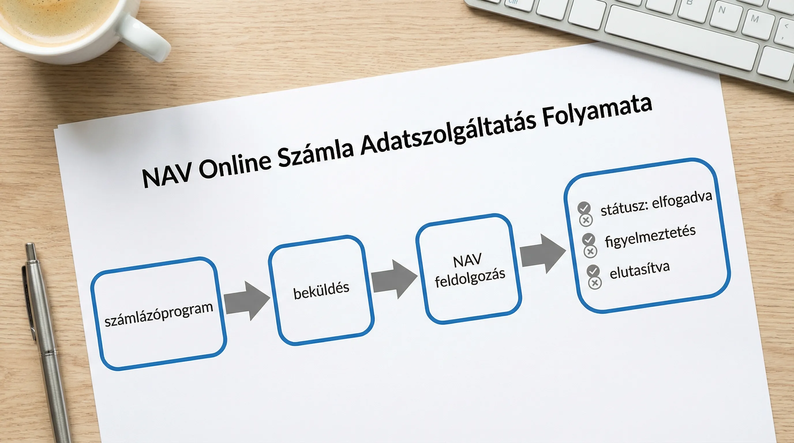 Egy egyszerű folyamatábra a NAV Online Számla adatszolgáltatás útjáról: számlázóprogram -> beküldés -> NAV feldolgozás -> státusz: elfogadva, figyelmeztetés, elutasítva. A diagram 4 dobozból áll, nyilakkal összekötve.