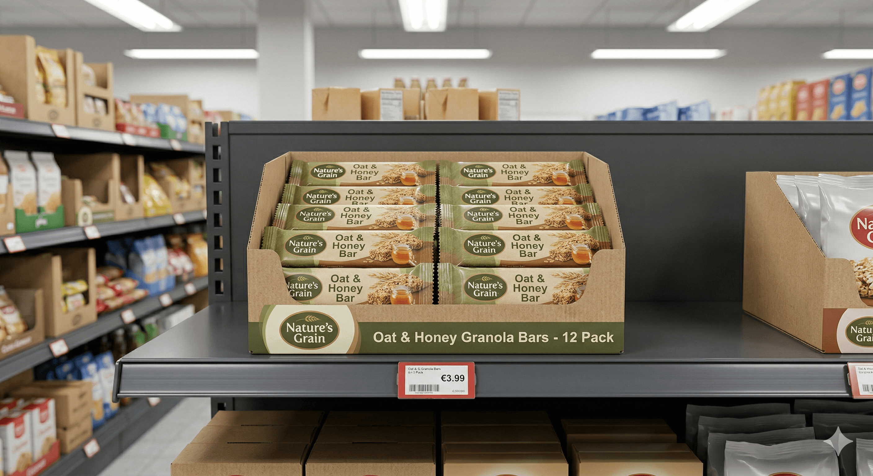 3D-Rendering einer offenen, verkaufsbereiten Verpackungsschale mit Konsumgütern im Supermarktregal