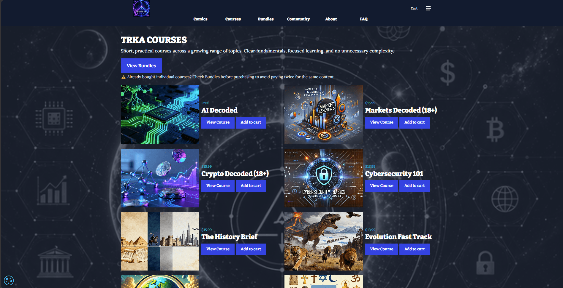 TRKA Courses page listing courses such as AI Decoded, Markets Decoded, Cybersecurity 101 and The History Brief