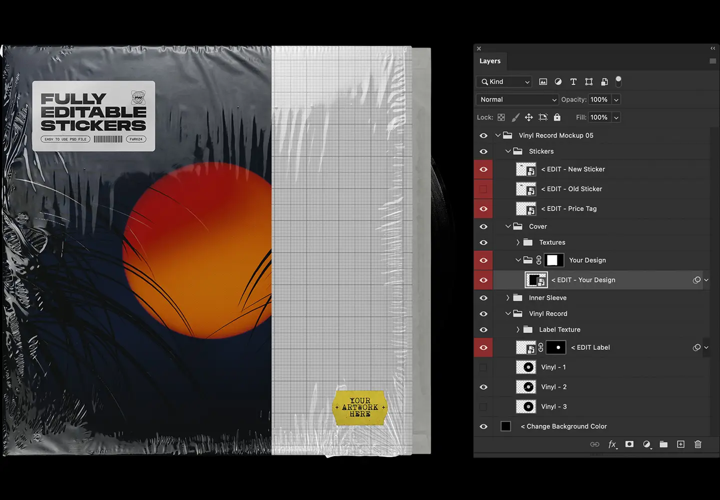 Vinyl record mockup layered Photoshop PSD showing organized smart object layers