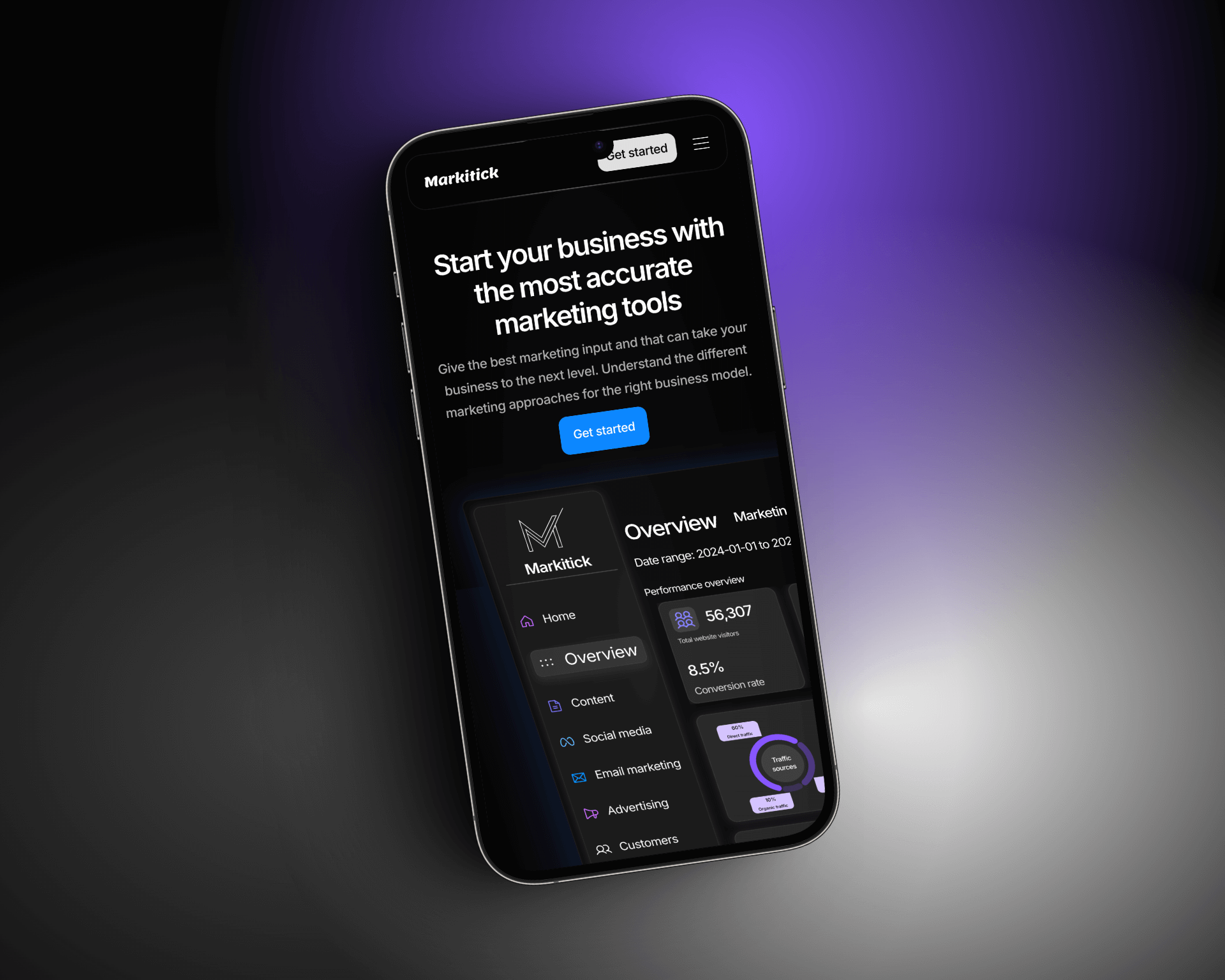 marktick, a framer dark themed website template home page mock of mobile version