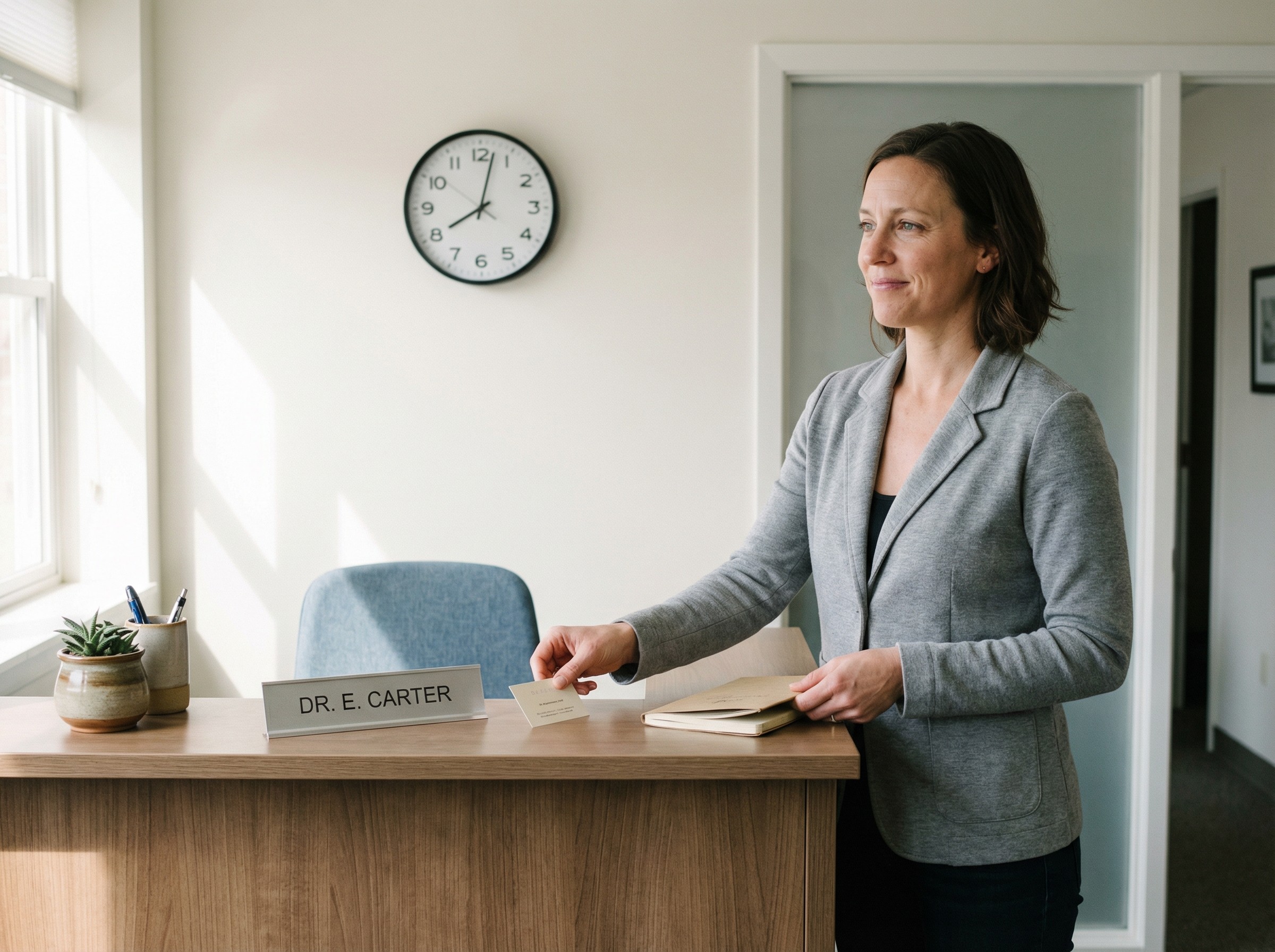 Morgensonne fällt auf einen aufgeräumten Empfangstresen. Eine Therapeutin legt eine kleine Terminkarte neben ein diskretes Namensschild und schließt einen Notizblock. Ein klassischer Wanduhrzeiger rückt zur vollen Stunde vor. Die Szene vermittelt Verbindlichkeit, Pünktlichkeit und das gute Gefühl sicherer Zusagen.