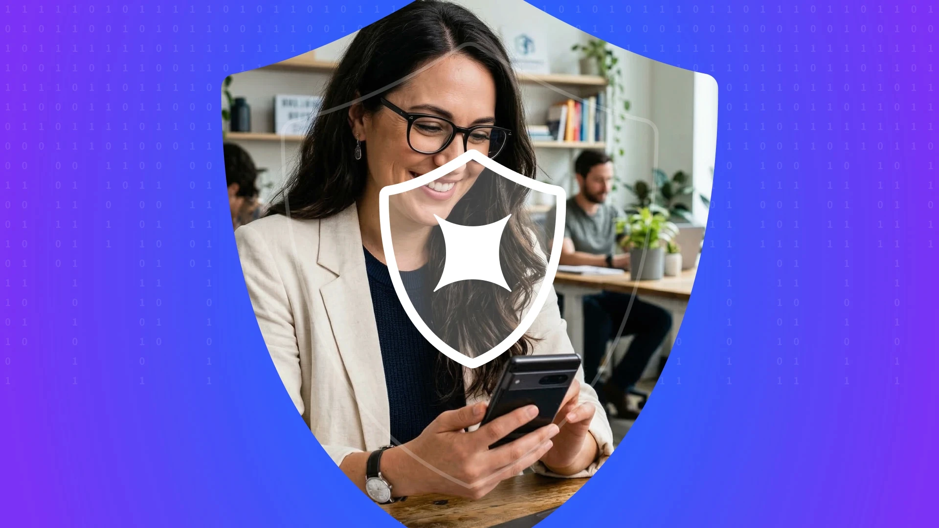 A branded HENNGE Identity graphic featuring a professional woman smiling while looking at her smartphone in an office setting. She is centered within a large white-bordered shield containing the HENNGE logo. The background consists of a purple-to-blue gradient with binary code, representing secure authentication, federated identity, and protection for MSP client environments.