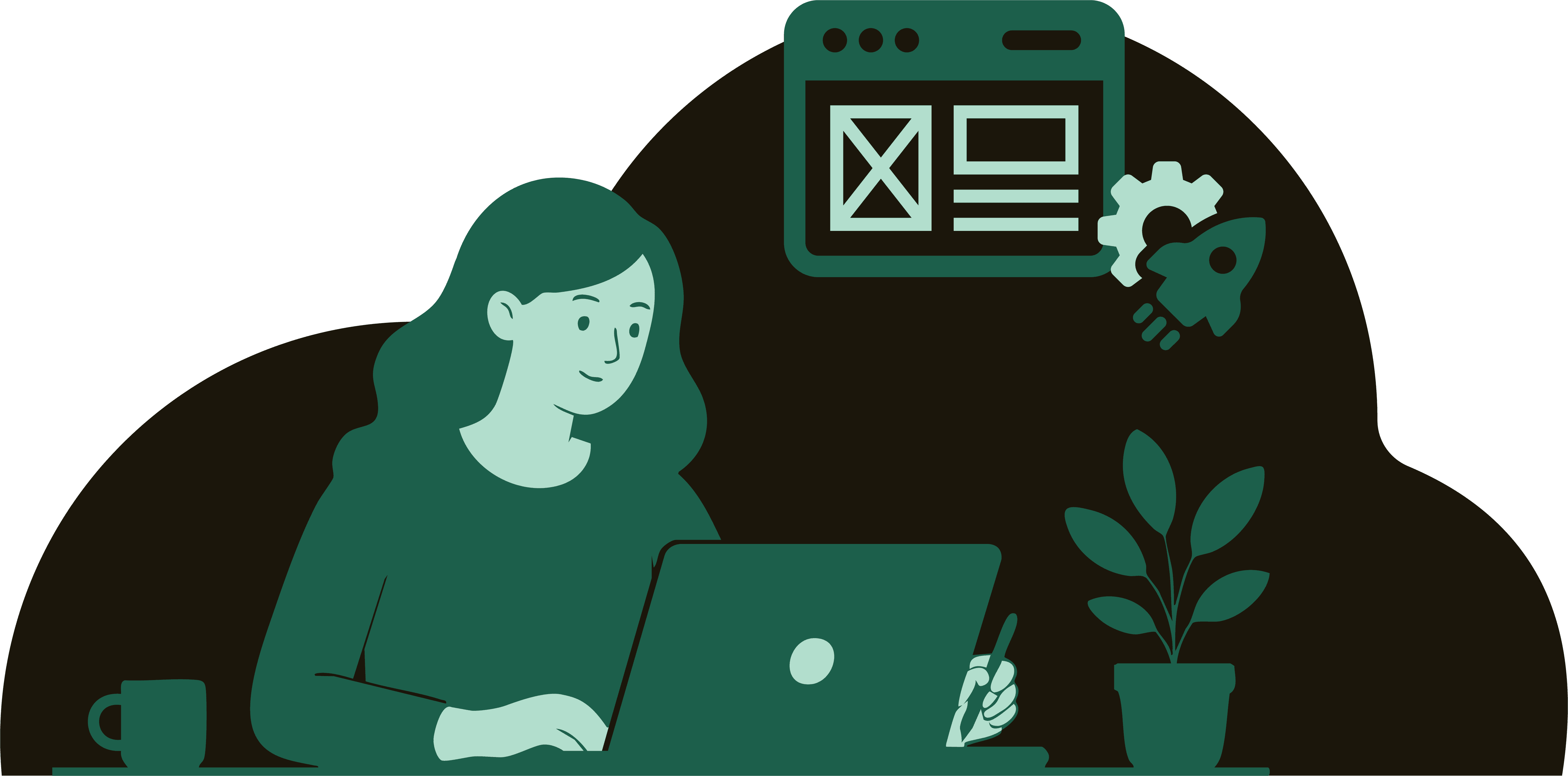 Illustration of a woman working on a laptop with a website wireframe and rocket launch icon in the background