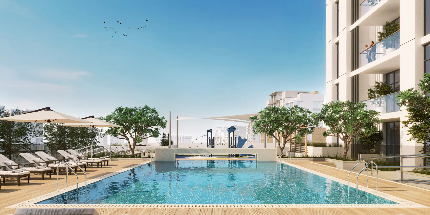 Rendering of the pool at Azizi Central apartment complex in Dubai, showcasing modern design and inviting atmosphere.