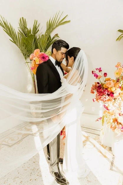A bride and groom share an intimate forehead-to-forehead moment at Le Tesserae in Downtown Houston, surrounded by vibrant tropical floral arrangements in shades of pink, orange, and peach. The bride's long white veil sweeps dramatically across the foreground.