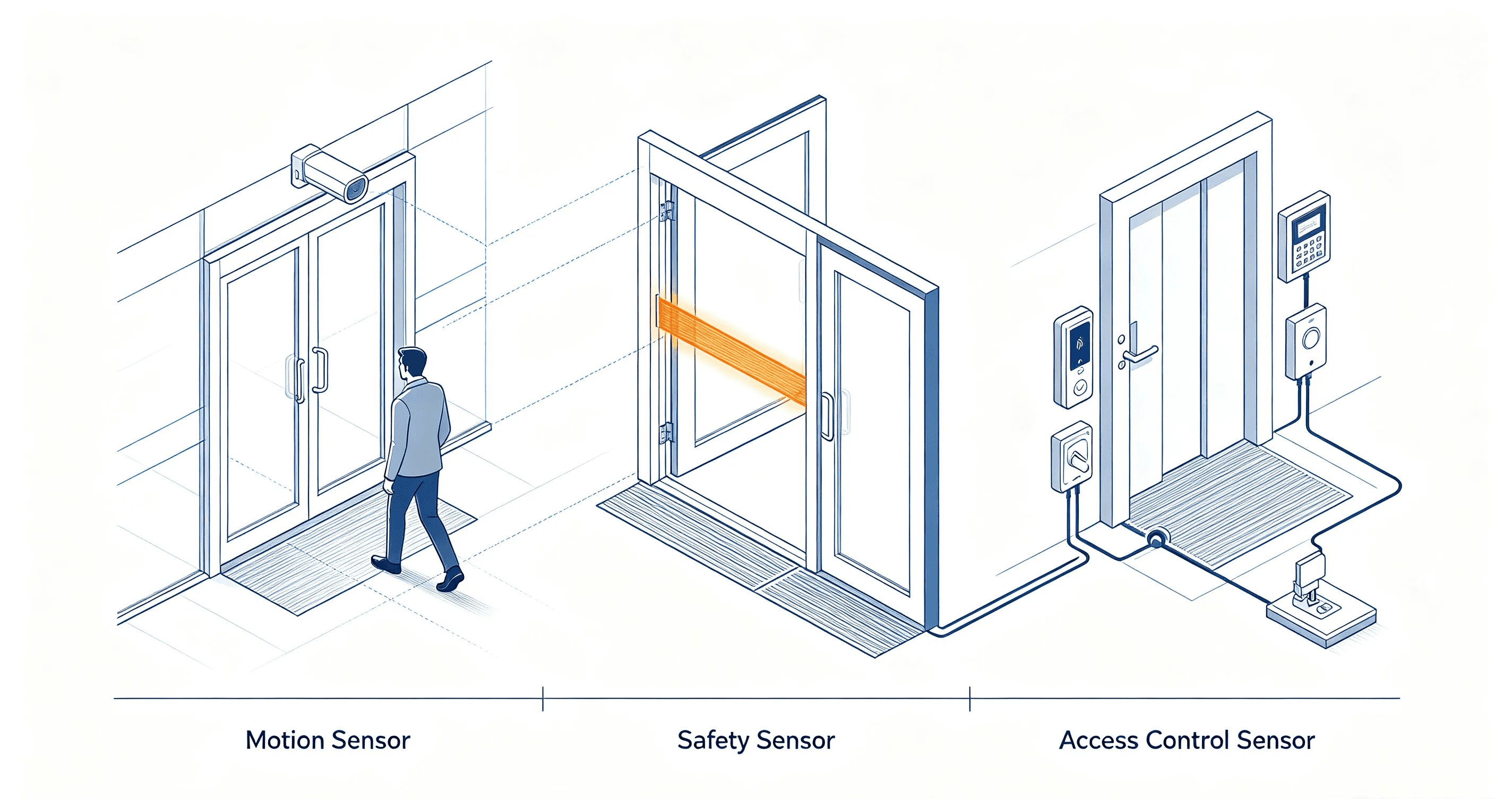 Comparison of motion sensors, safety sensors, and access control sensors for automatic doors