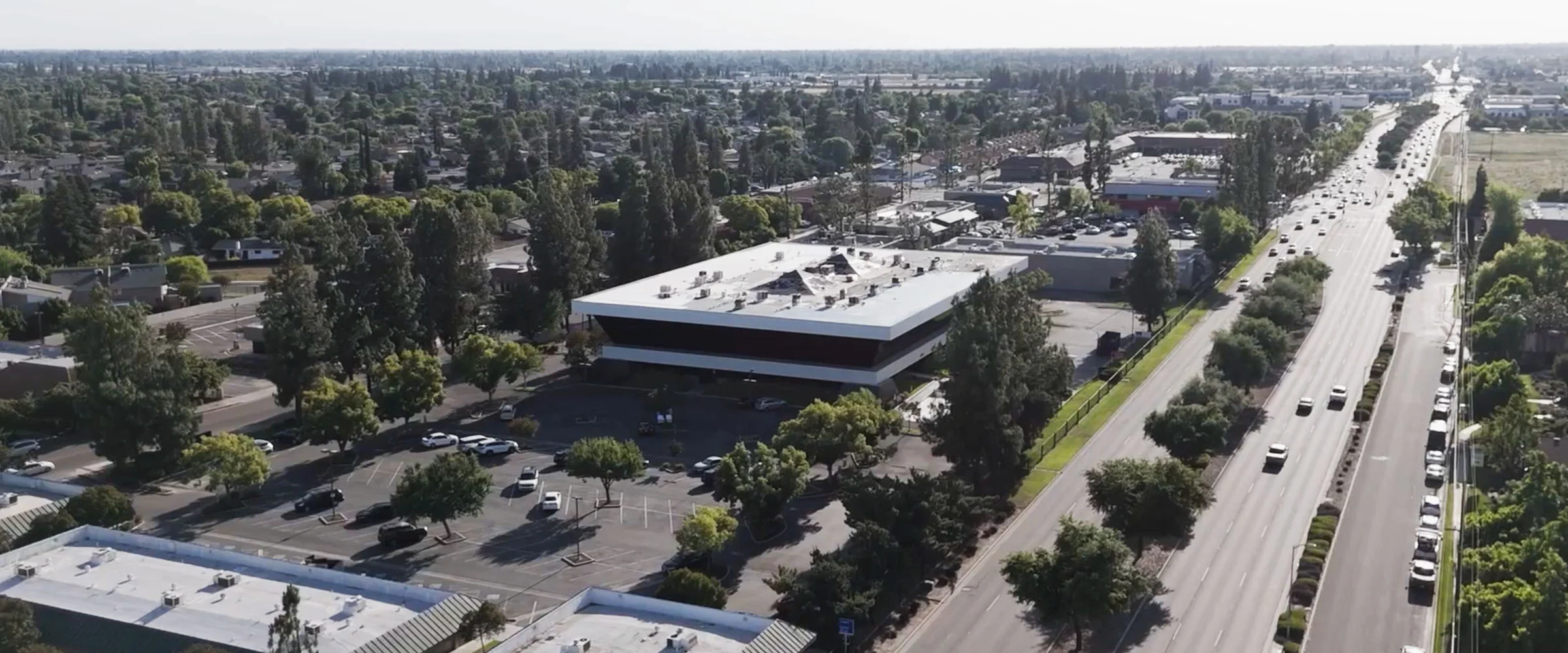 Aerial view of the Valley Oak Oral Surgery office and surrounding Fresno, CA landscape, showcasing the modern practice location within the Central Valley community.