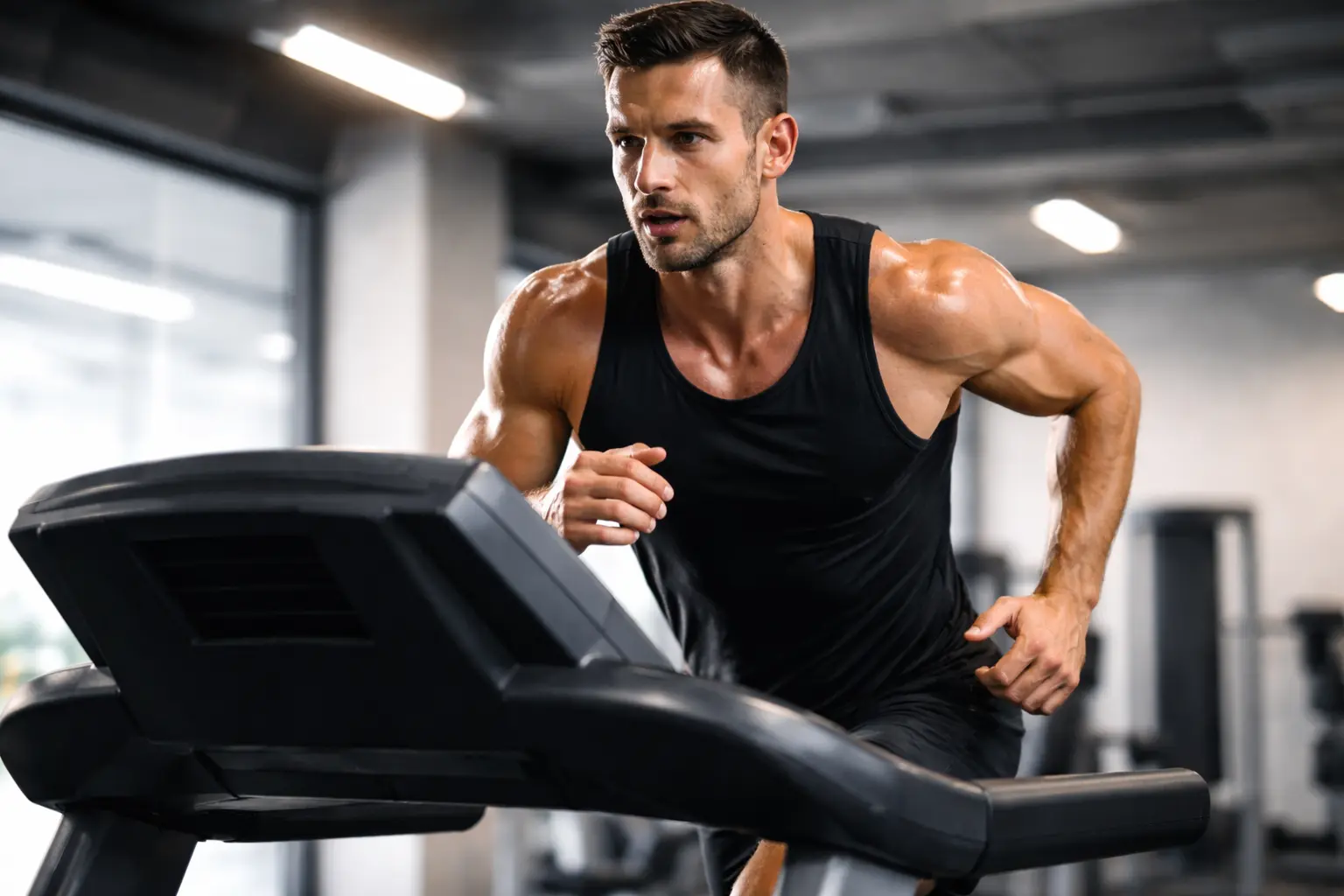 Muscular man in a black tank top running on a treadmill in a gym.