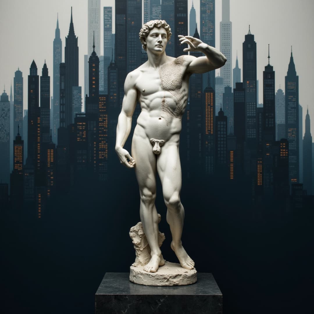 eine nackte römische statue vor einer großsstadt
