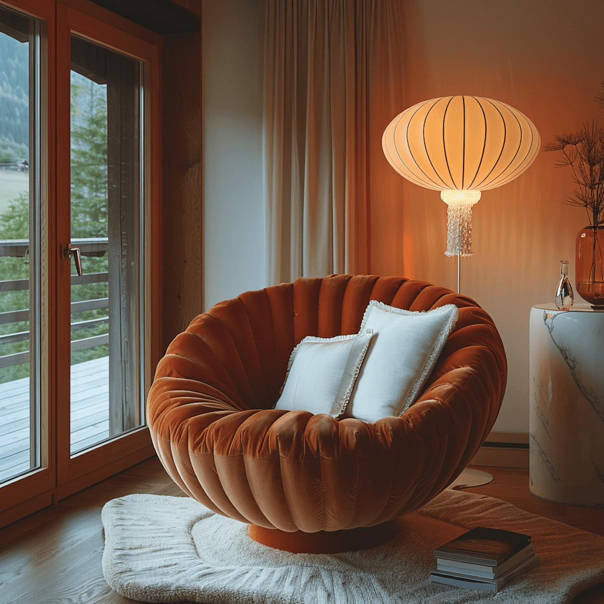 Cozy orange lounge chair by window and lamp.