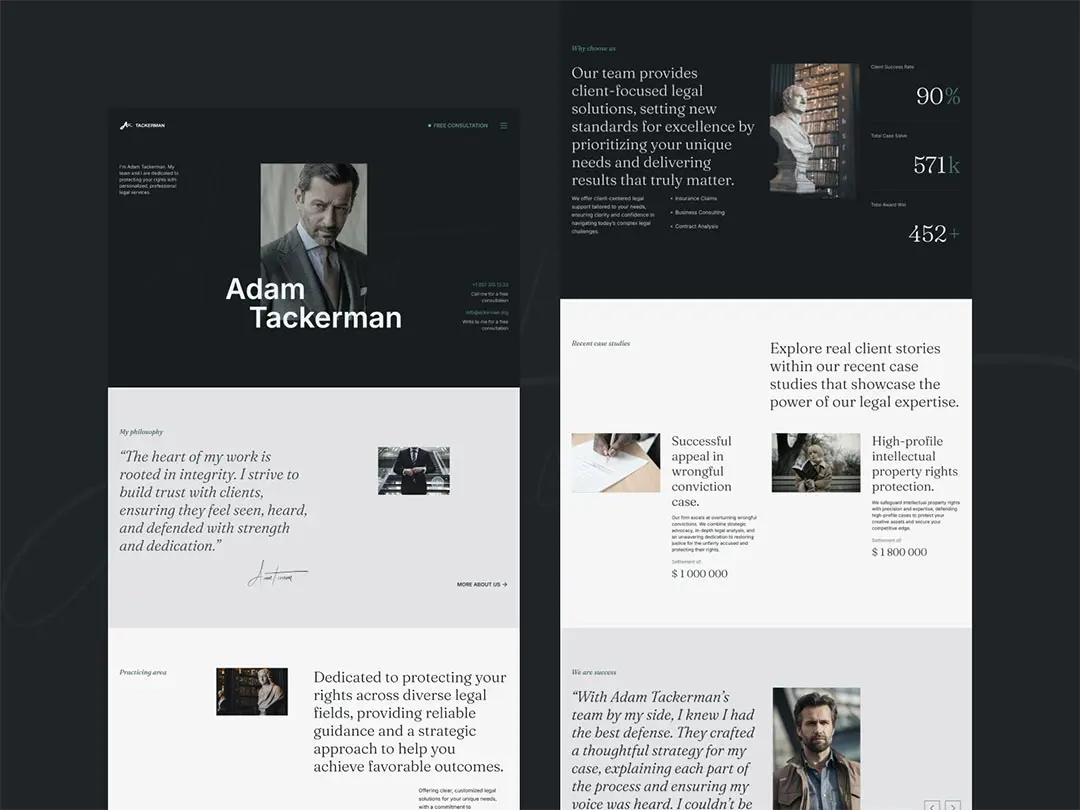 Tacker law firm website UI preview, Framer template with case studies and legal service sections