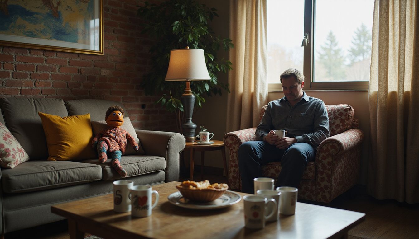 A cozy Airbnb living room features mismatched furniture, throw pillows, novelty mugs, and a puzzled occupant engaged with a sock puppet.