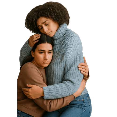 A woman sits cross-legged with eyes closed, wearing a white blouse and a long purple skirt, looking serene.