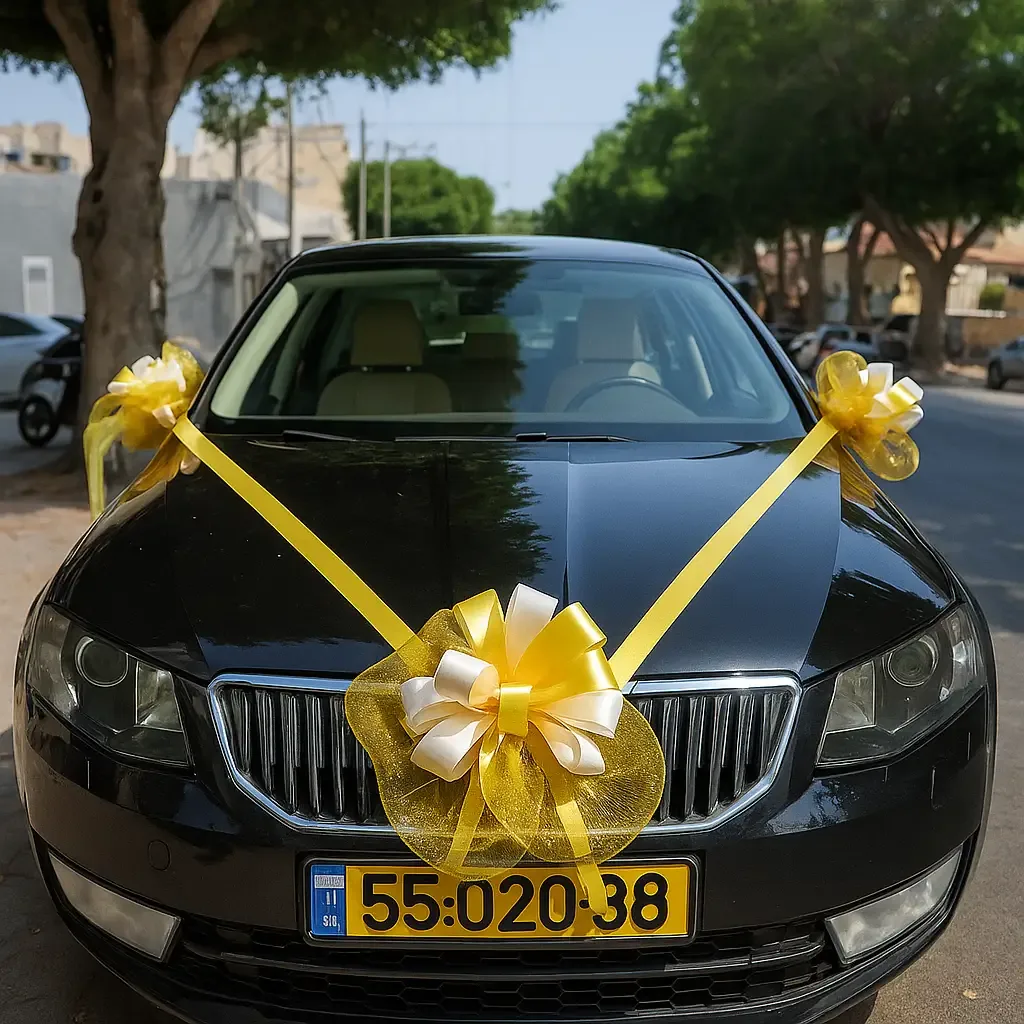 שלושה פפיוני אורגנזה זהובים וסרטים צהובים פרושים על מכסה מנוע של רכב שחור