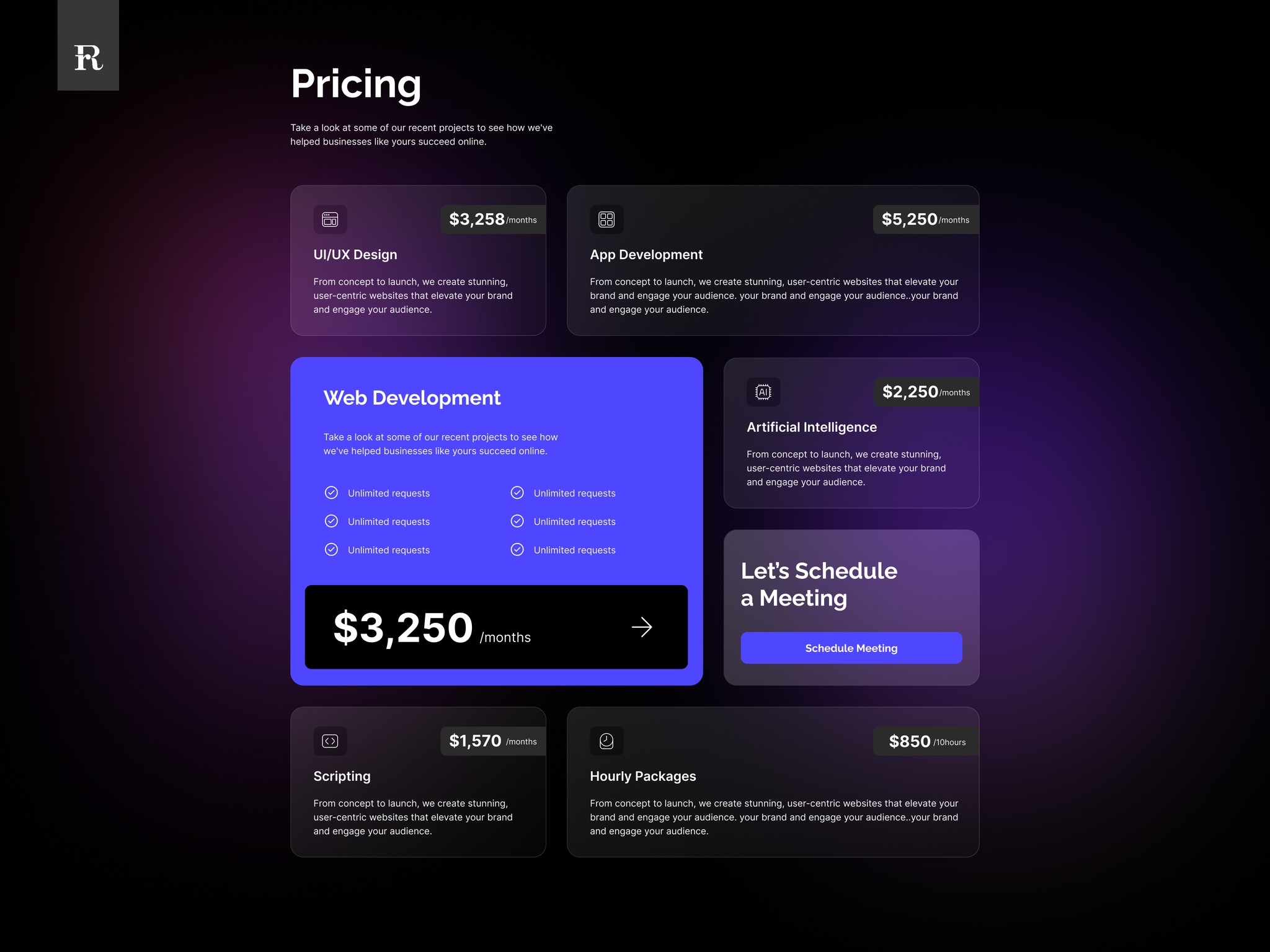 Pricing section mockup for coding sphere