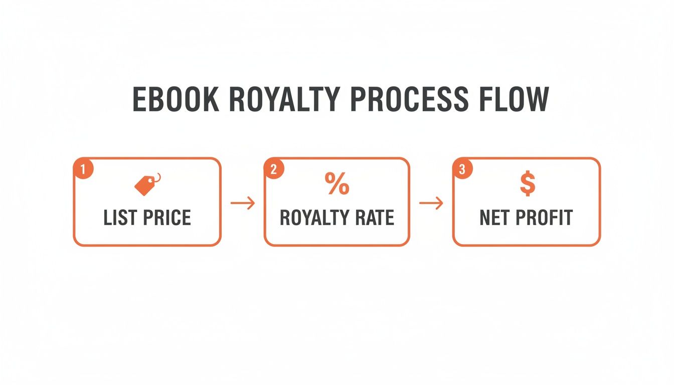 A step-by-step flowchart illustrating the ebook royalty calculation process from list price to net profit.
