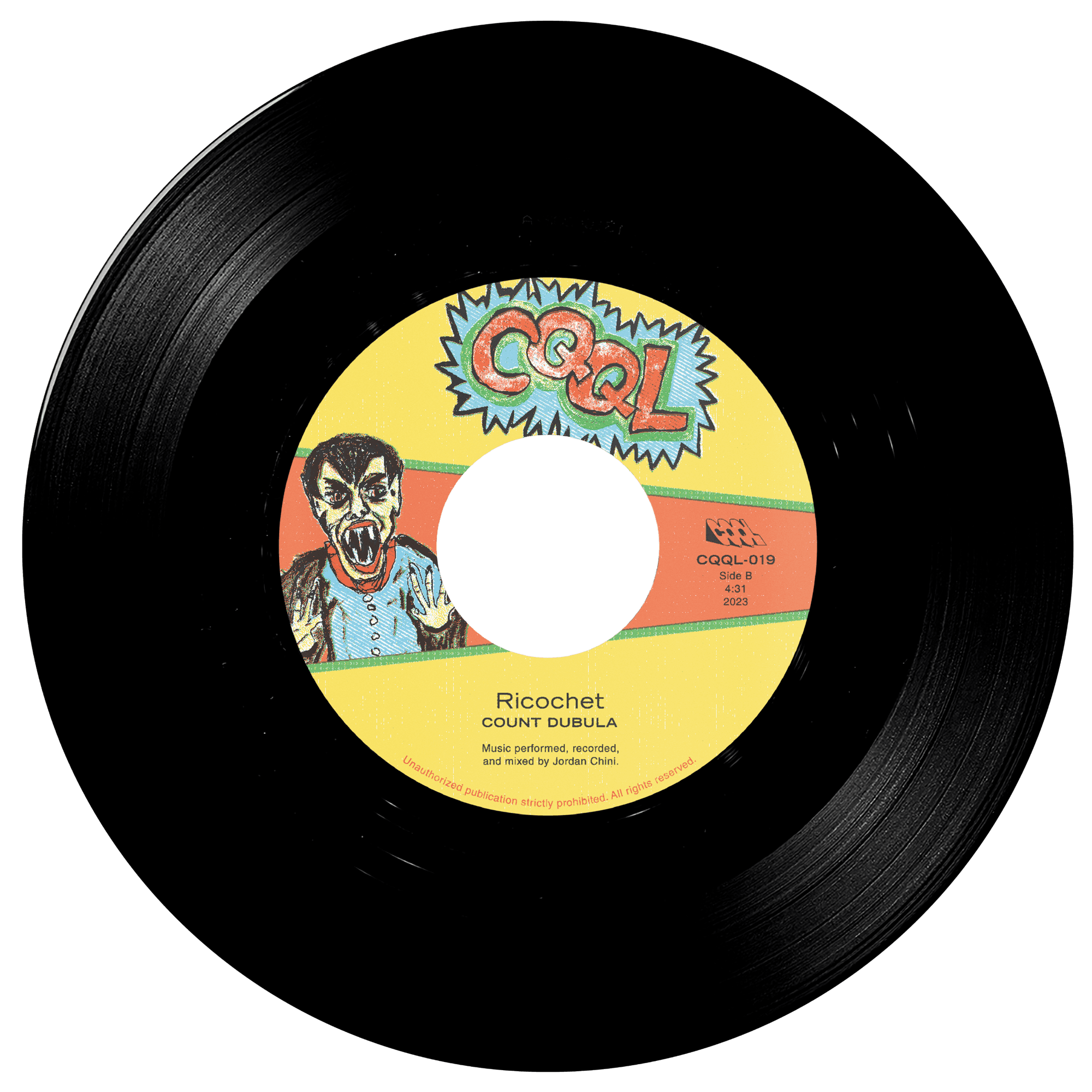 Vinyl record with a colorful label featuring a hand drawn vampire cartoon and text.