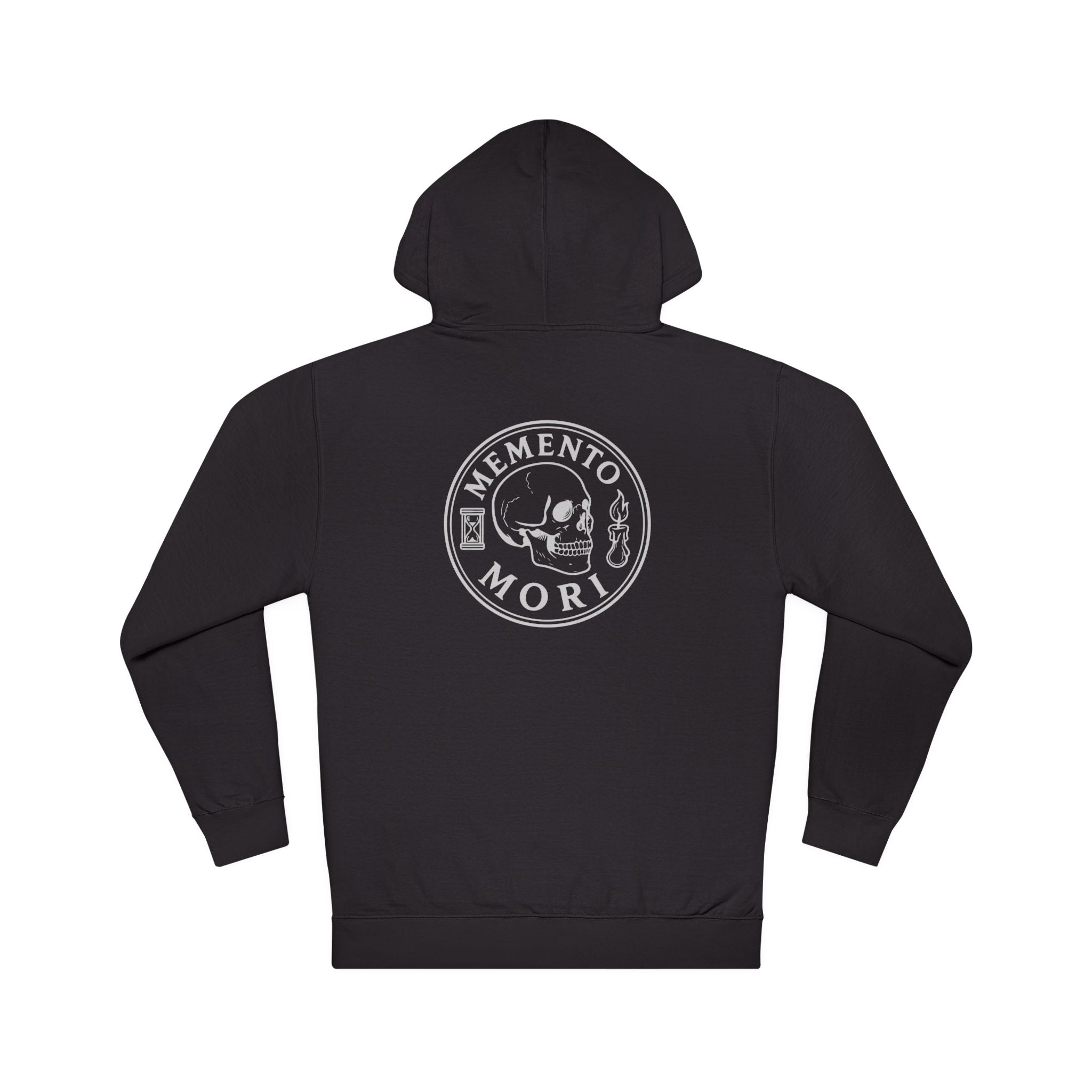 Black hooded sweatshirt with Memento Mori design