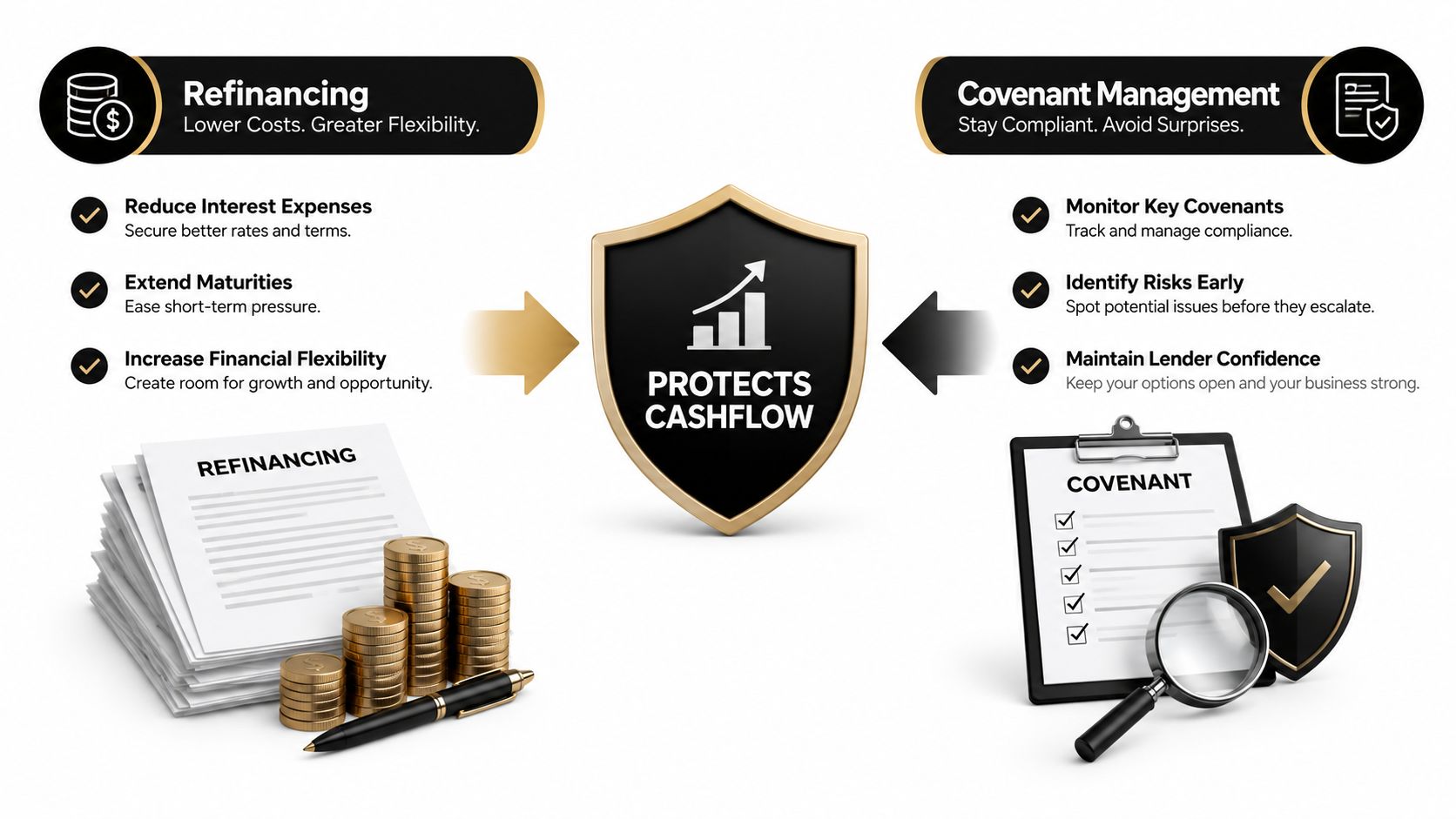 A business graphic illustrating how debt refinancing and covenant management work together to protect company cashflow.