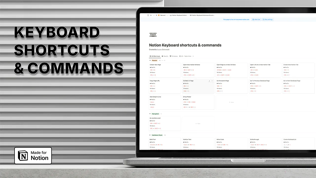 Notion Keyboard shortcuts & commands template by Lucas Ostrowski: Light mode interface displaying categorized shortcuts for Mac and Windows. Features filtering options and a grid layout of common commands. Enhances Notion productivity across platforms. Made for Notion badge included.