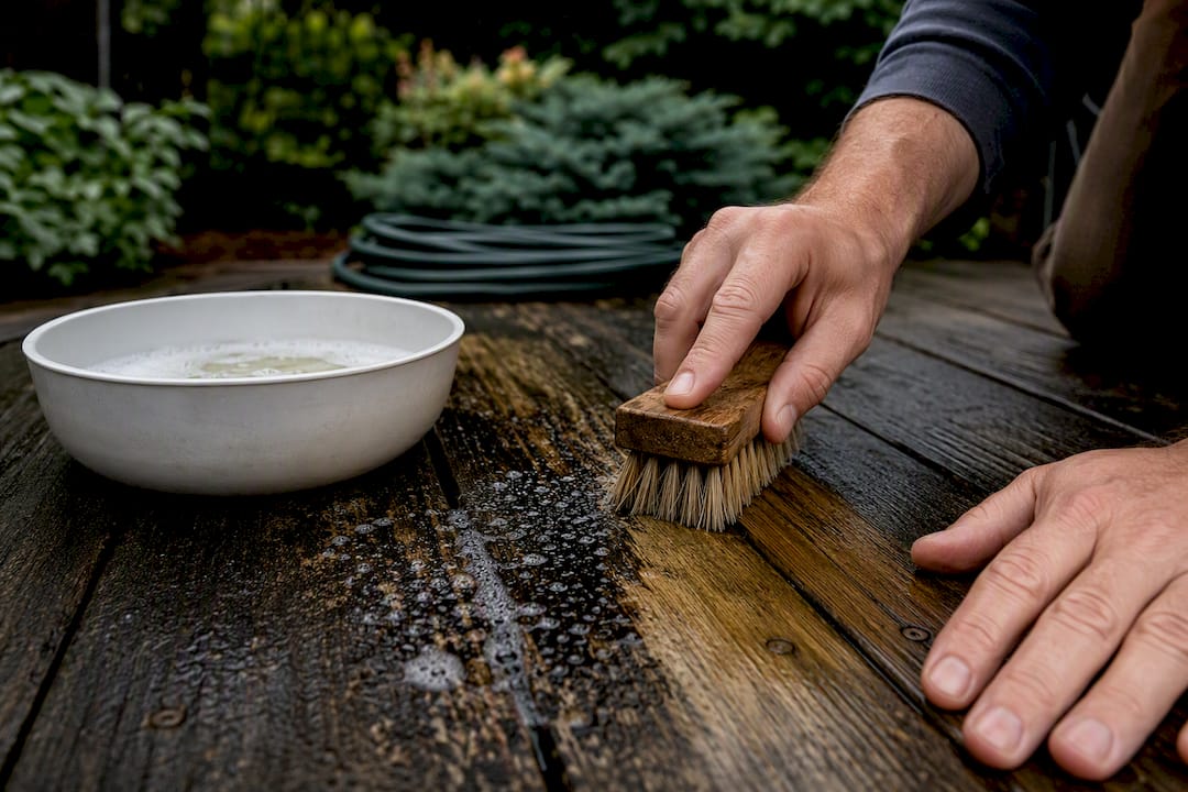 Brush removing mildew from wood decking