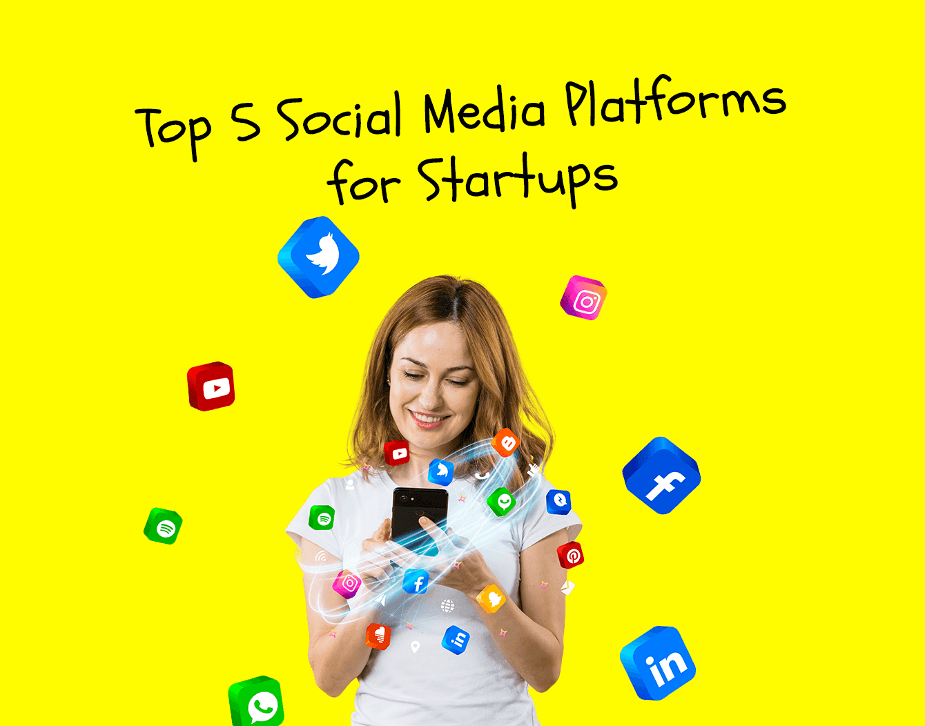 Dynamic blog cover image showcasing icons of major social media platforms like Facebook, Instagram, LinkedIn, Twitter, and TikTok, with upward arrows representing business growth and startup success in 2024.