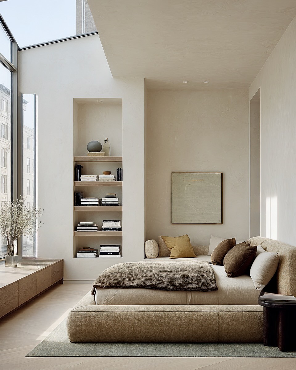 Modern bedroom with large windows and a comfortable bed.