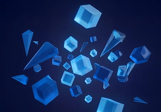 Abstract 3D illustration of scattered frosted glass shapes representing SaaS product complexity, unclear user flows, and friction before professional UX/UI optimization