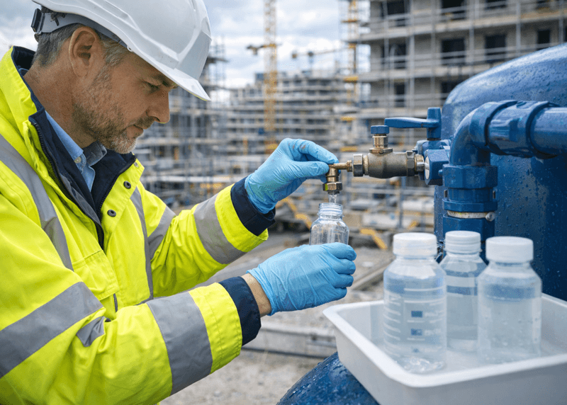 workman testing water in bottles