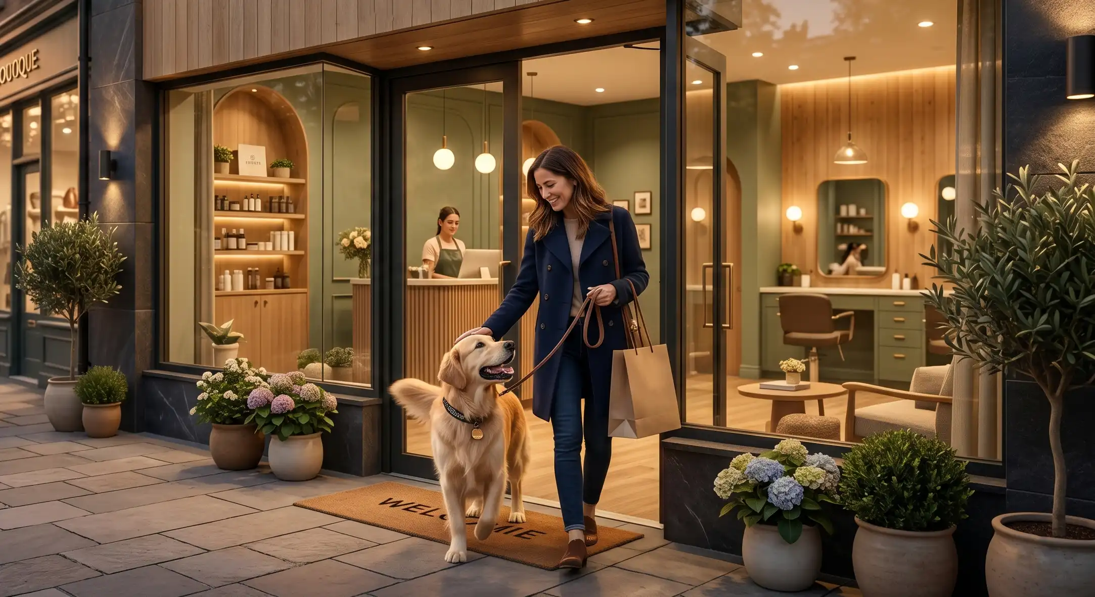 A joyful woman leaving a grooming shop with her happy, well-groomed dog.