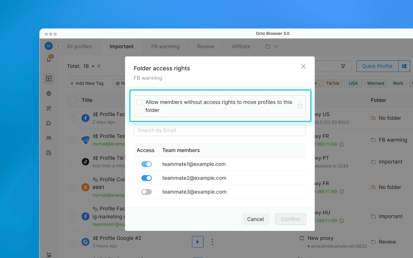 If you need to transfer a profile to another department or team, you can enable the setting “Allow members without access rights to move profiles to this folder.” 