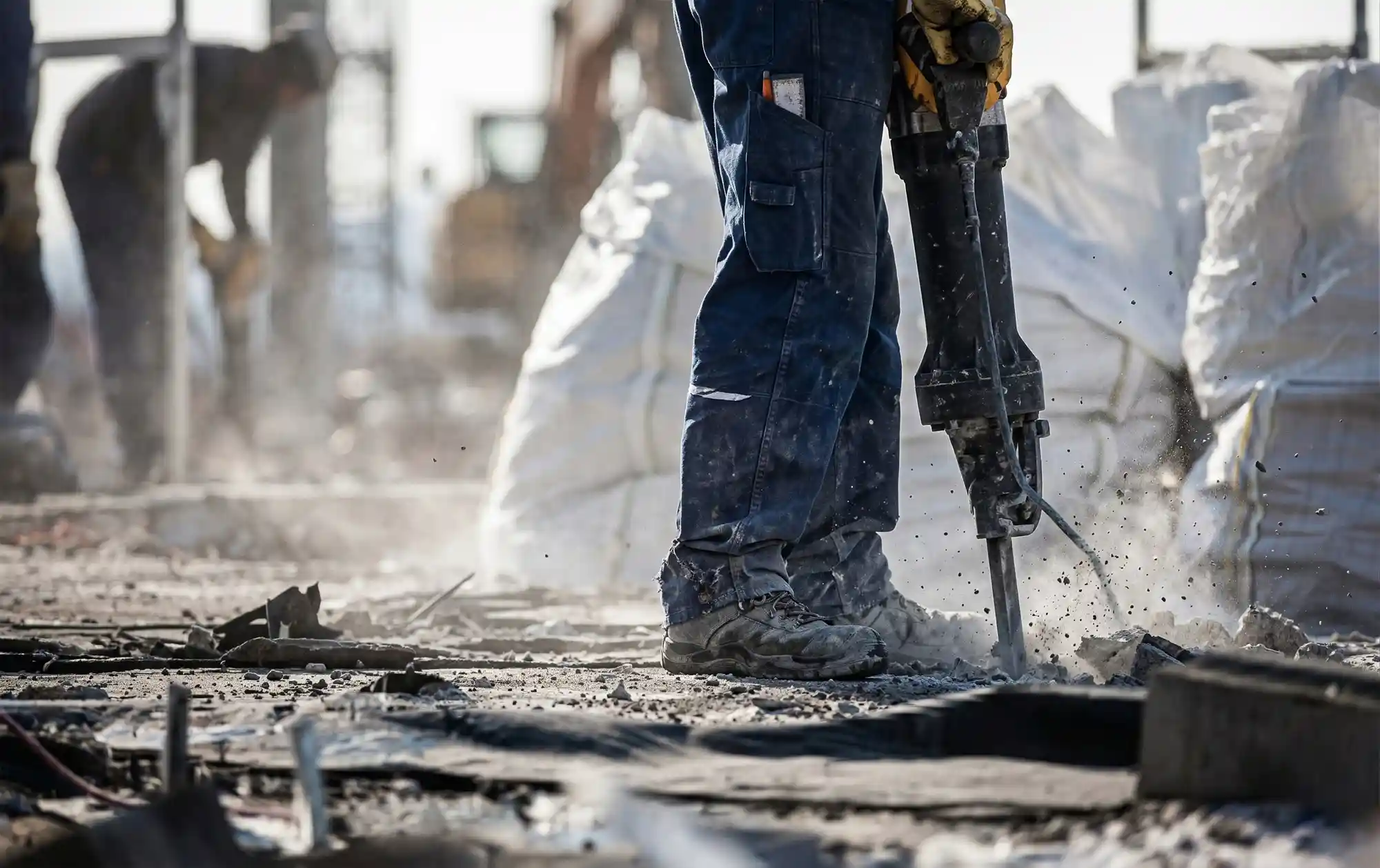 Arbeiter mit Presslufthammer bei Abbrucharbeiten auf einer Baustelle in Wien