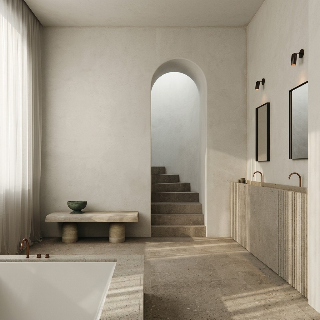 Neutral minimalist bathroom featuring a fluted stone vanity and an arched stairwell.