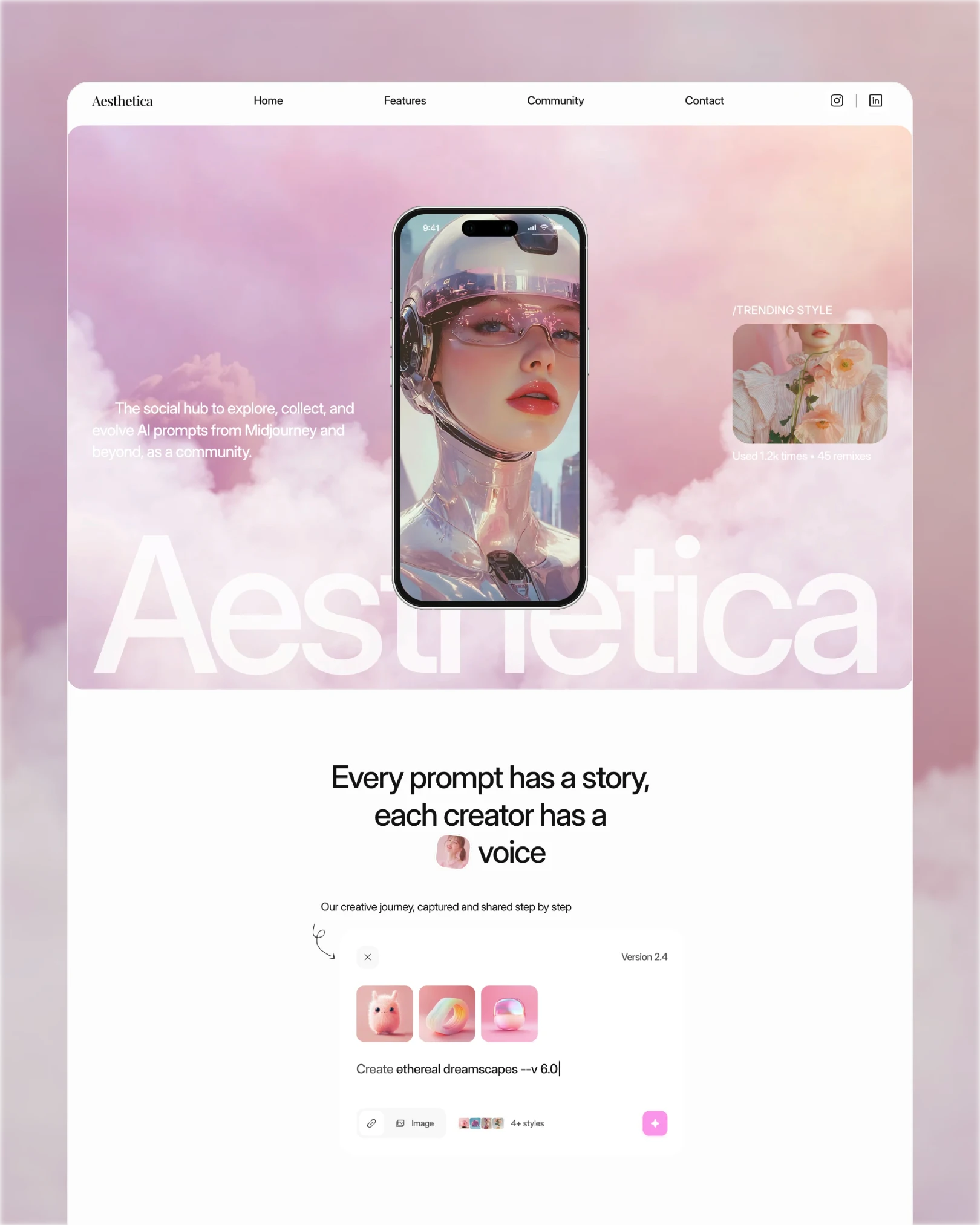 Aesthetica AI prompt community platform landing page, dreamy pink hero with creator app preview — web design by Luna UI design studio