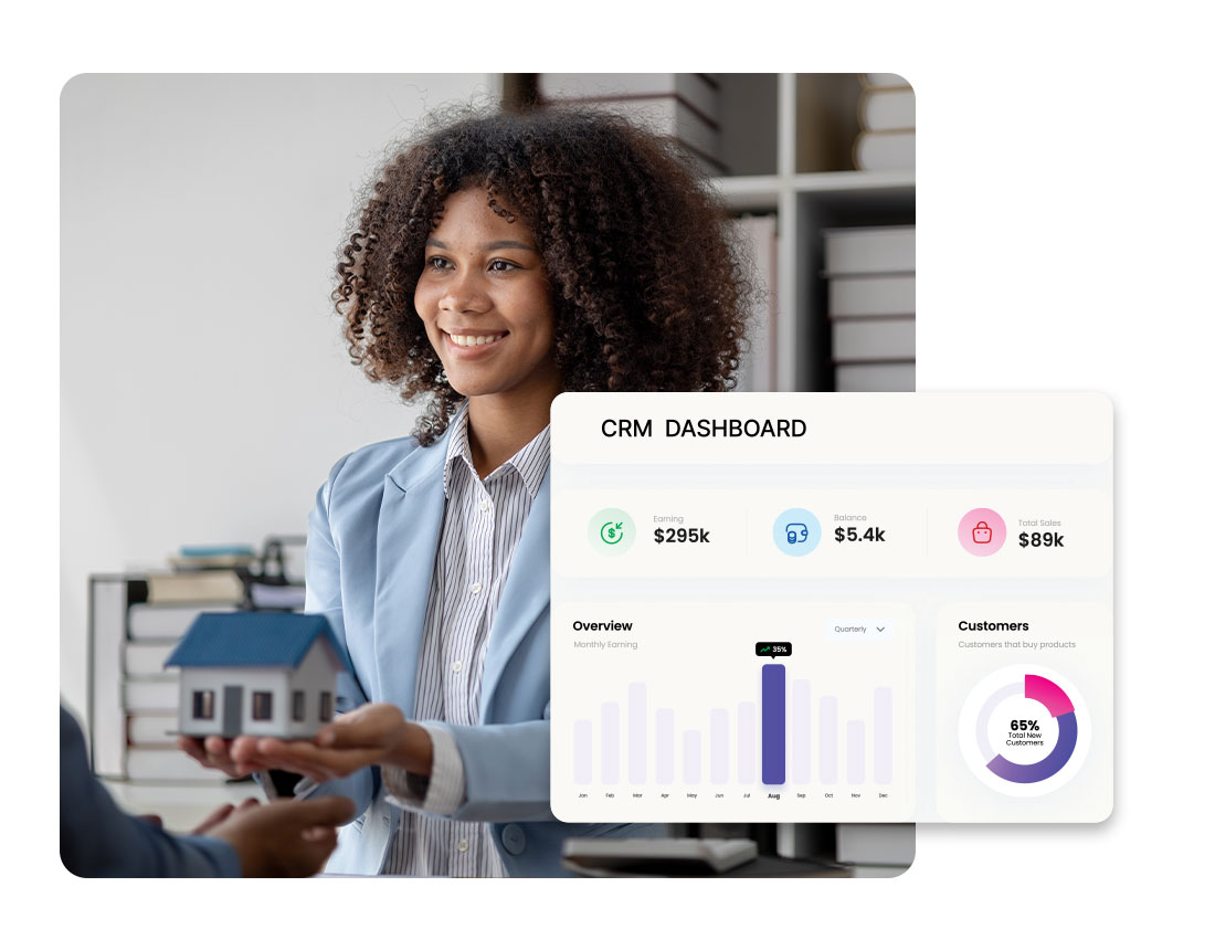 Business professional holding a miniature house model with a CRM dashboard displaying earnings, revenue, and customer insights in the foreground