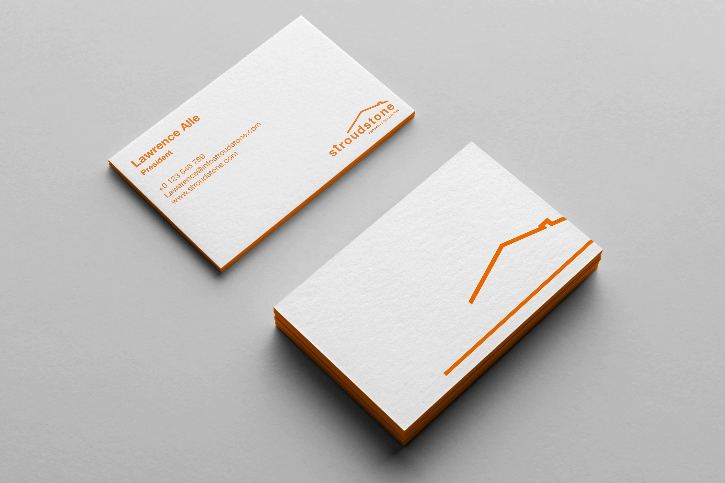 Business card design for Stroudstone featuring minimalist logo, orange accent color and corporate brand identity.