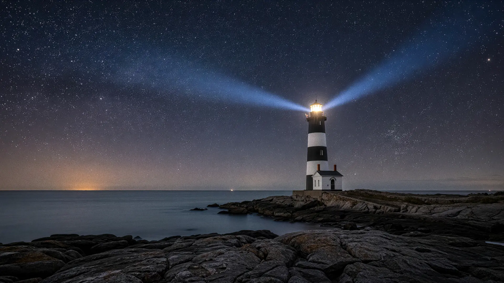 Lighthouse casting beams across a rocky coast under a starlit sky at dusk.