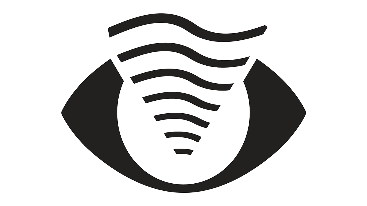 A black and white logo design on a white background. The central shape is a rounded oval with a thick black outline. Inside the oval are six curved black lines resembling a shoe lace pattern, emanating from the top center.