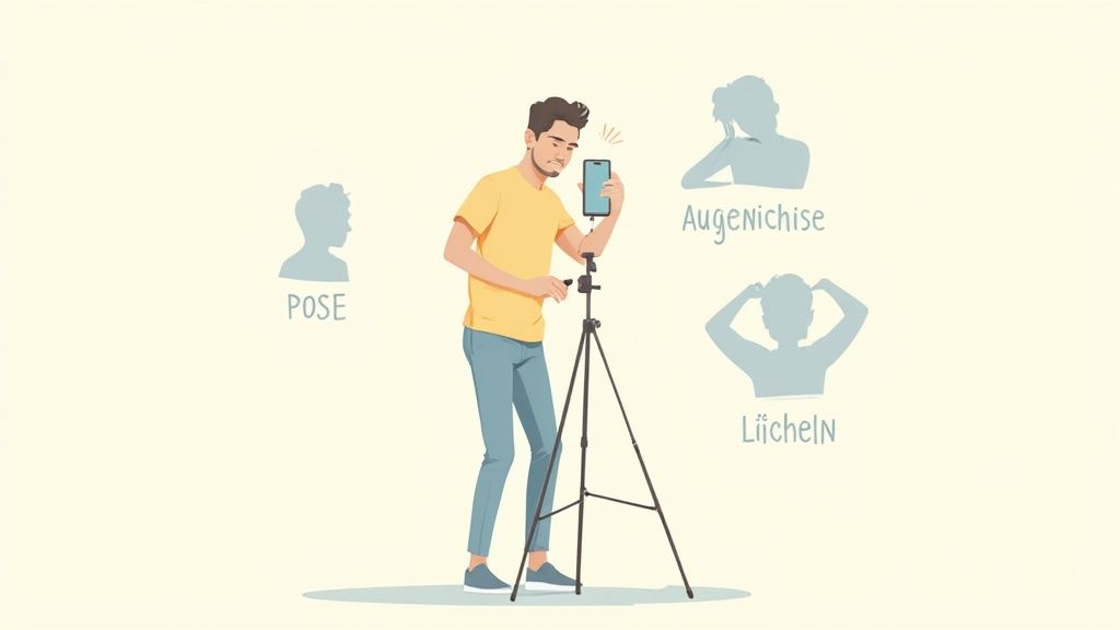Ein Mann erstellt ein Profilbild mit Smartphone auf Stativ, um Posen, Blick und Lächeln zu optimieren.