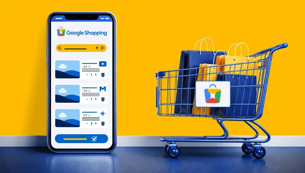 Google Shopping app on a smartphone next to a blue universal shopping cart with bags.