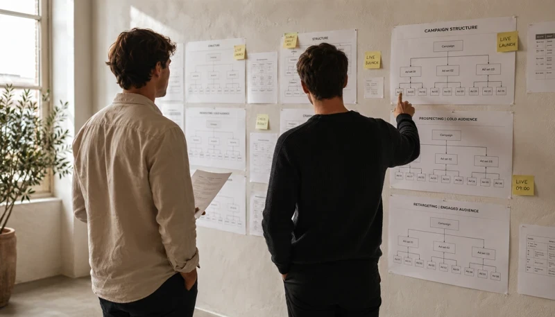 Twee teamleden bestuderen marketingstrategieën op een whiteboard met flowcharts en gele notities