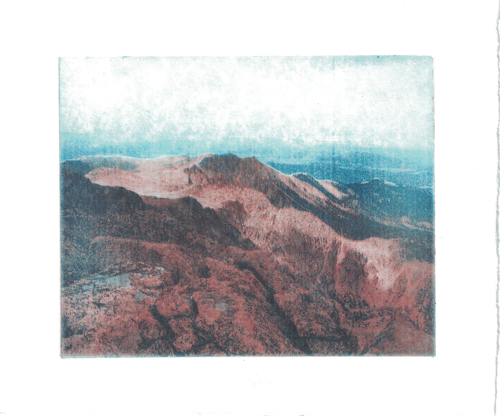 two plate color etching of a mountain scene