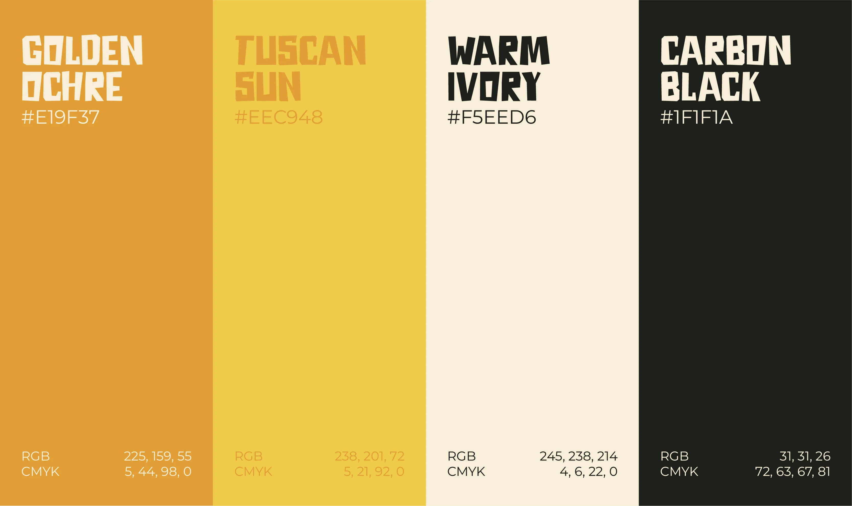 Dantuono brand color palette with Golden Ochre, Tuscan Sun, Warm Ivory and Carbon Black.