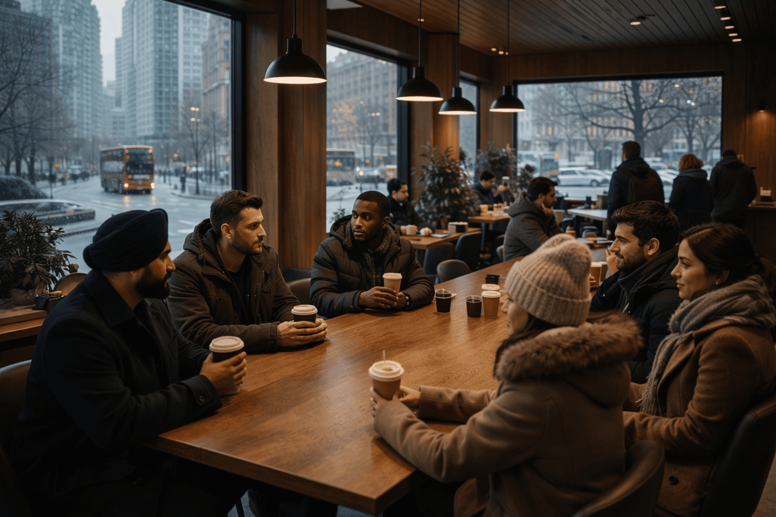 Group of people gathered around a large wooden table inside a café, holding coffee cups and talking.