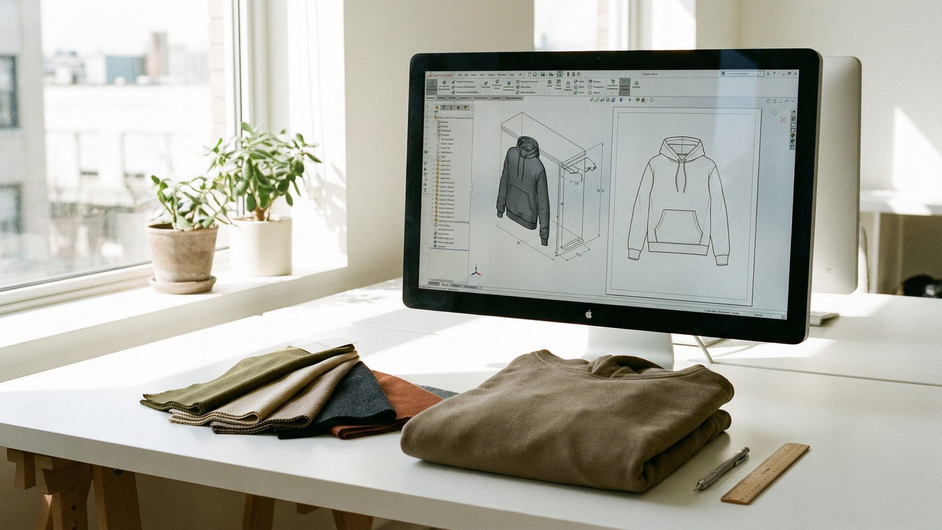 A bright design studio with a large monitor showing a CAD hoodie mockup in design software, with earth-tone fabric swatches and a folded hoodie sample on the desk — representing the full-package partner's product development process.