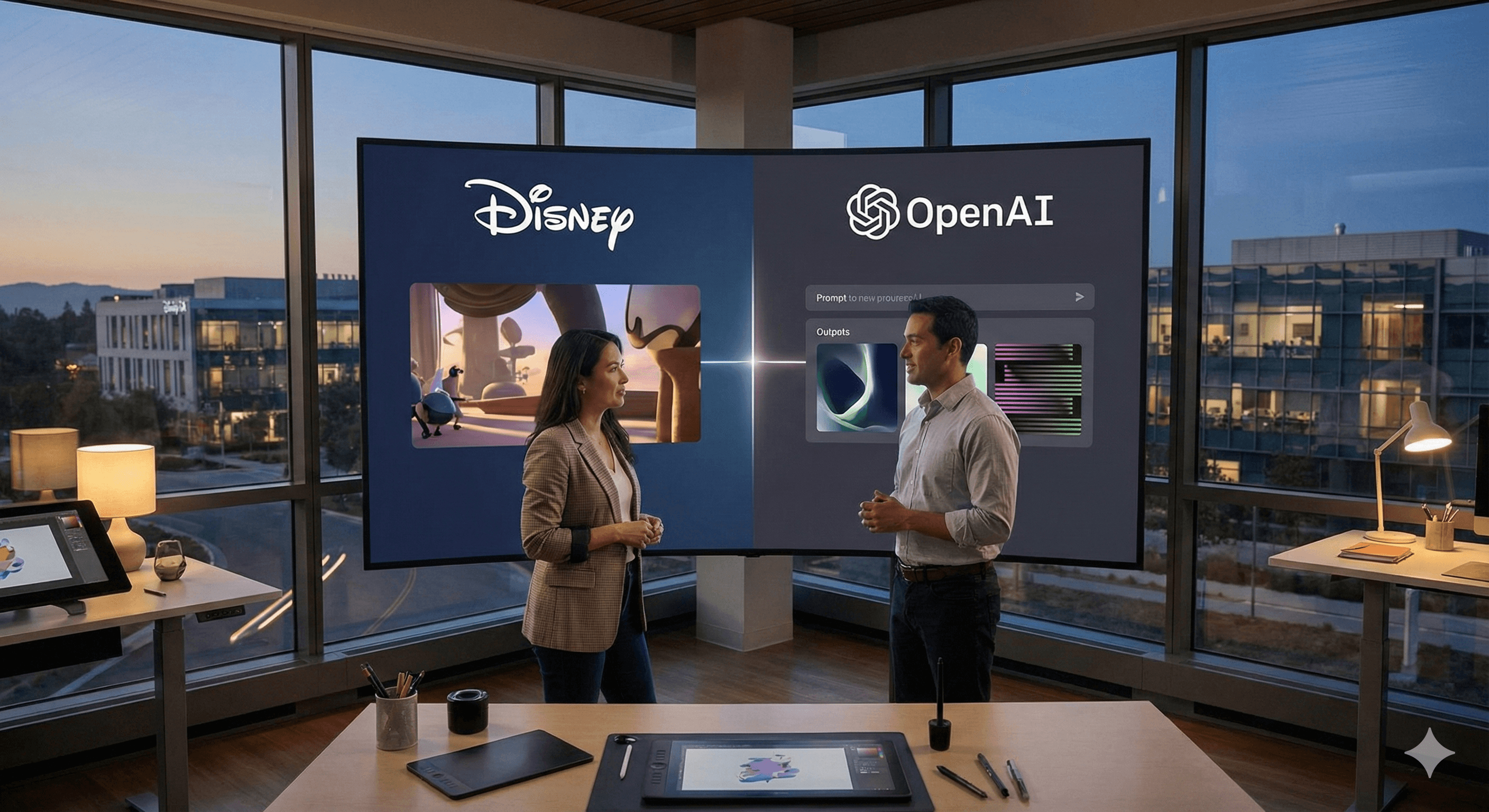 Two people in a modern office setting discuss a presentation displayed on large screens, featuring logos of Disney and OpenAI, with digital artworks and interfaces visible in the background.