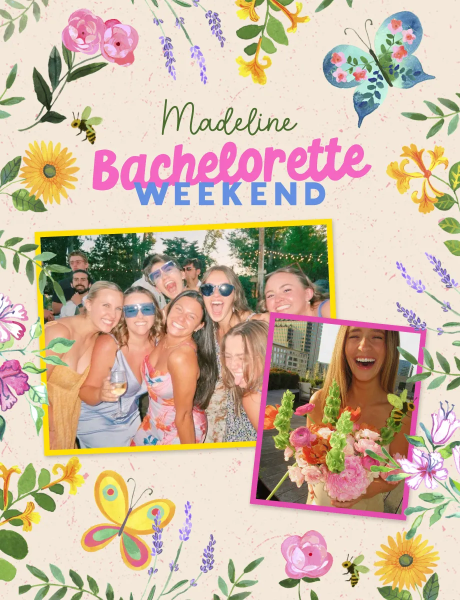 Bachelorette weekend greeting card with floral illustrations and joyful group photos for celebrating special moments