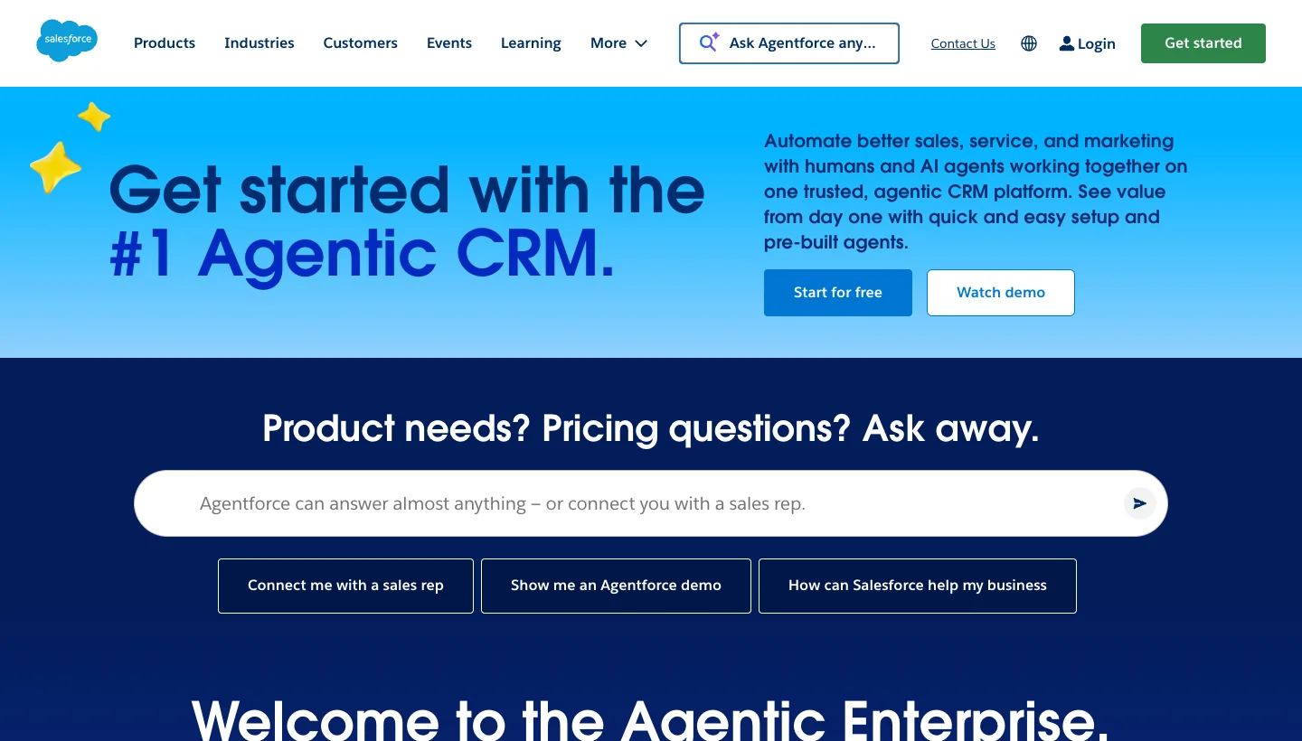 Salesforce homepage: enterprise sales CRM with Einstein and Agentforce AI