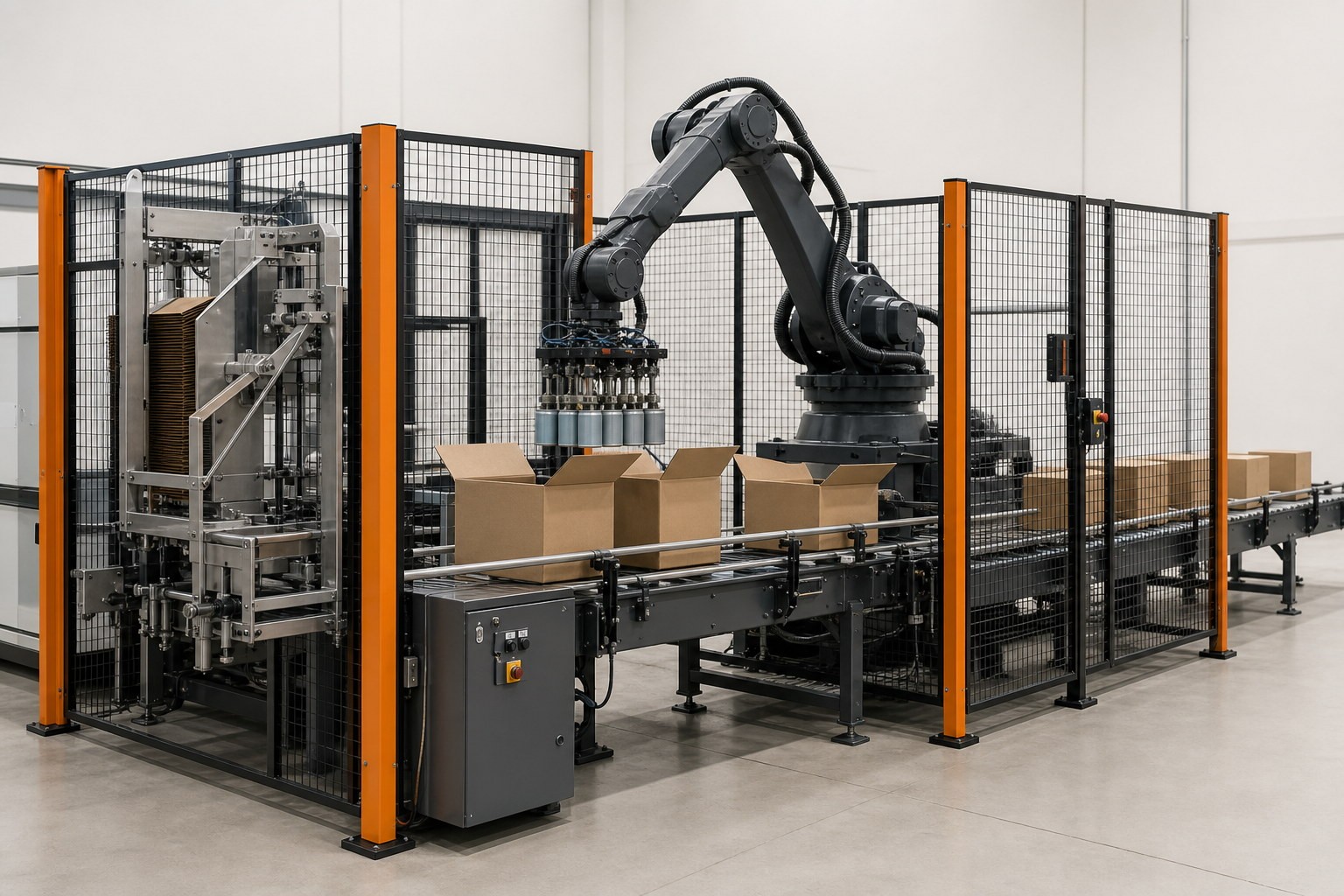 Robotic packaging cell loading open cartons on a conveyor.